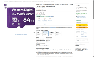 Western Digital MicroSDXC Purple 64GB Clase 10 por $218 | Amazon