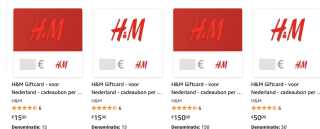 15% korting op alle H&M cadeau kaarten bij Amazon
