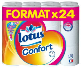 Paquet de 24 rouleaux de Papier toilette Tube Jetable Confort Lotus à 8,75€