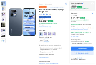 Realme 16 Pro 5G 12GB 512GB por $6,973 en Mercado Libre