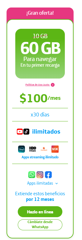 Plan 60 GB con Redes Sociales y Apps Ilimitadas por $100 en Movistar
