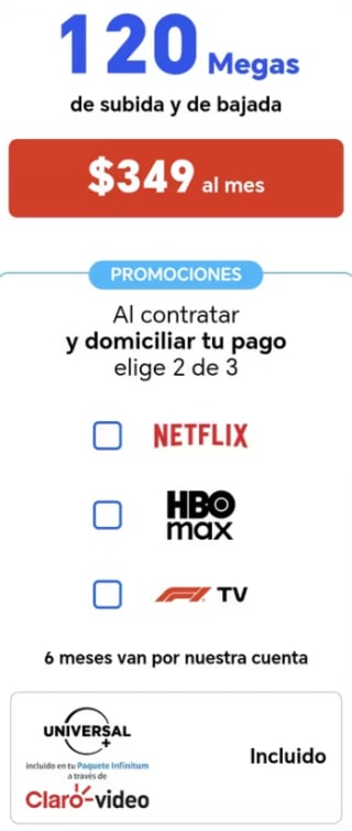 Plan Telmex 120 Mbps con 4 apps de streaming por $349 en Telmex