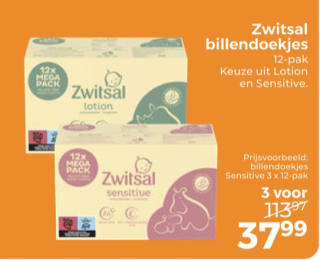 3 x 12-pak Zwitsal billendoekjes voor €37,99 bij Trekpleister