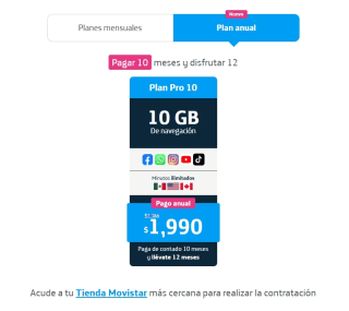 Movistar Plan Anual Pro 10 (10GB Mensuales) por $1,990 al Año