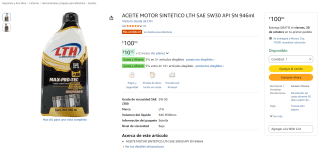 LTH Aceite motor sintético 5W-30 (946ml) por $86 en Amazon