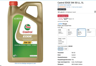 Motorolie CASTROL Edge 5W30 M 5L voor €47,84 bij Amazon