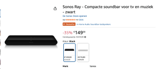 Sonos Ray - Compacte soundbar voor €149 bij Amazon Belgie
