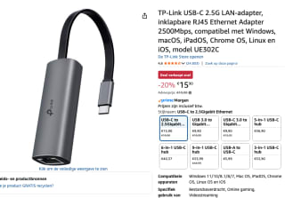 TP-Link UE302C USB-C naar 2.5G Ethernet Adapter voor €15,90 bij Amazon