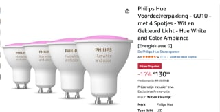 Philips Hue Voordeelverpakking - GU10 - met 4 Spotjes voor €130,89 met Amazon prime
