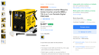 Mini soldadora inverter MMA y TIG 2 en 1 Pinchan por $498 en Mercado Libre