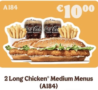 2 Long Chicken Menu's voor €10 bij Burger King.