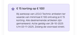 15 euro korting op LEGO Technic op een bestelwaarde van 100 euro