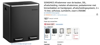 Songmics Prullenbak Met 2 Compartimenten - 2 x 30 L voor €56,27 bij Amazon