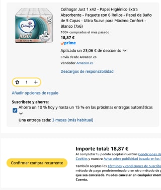 42 rollos Colhogar Just 1 Papel Higiénico Extra Absorbente 5 capas por 18.87€