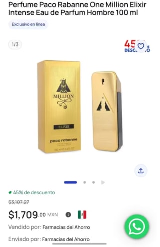Perfume One Million Elixir Intense 100ml por $1,367 | Farmacias del Ahorro