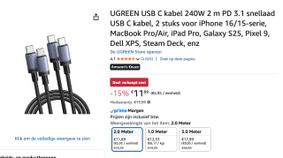 2 UGREEN USB C-240W Power Delivery oplaadkabels USB C naar USB C (2M) voor €11,90