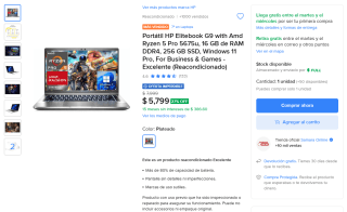 HP Elitebook G9 Ryzen 5 Pro 5675U 16GB 256GB por $5,799 en Mercado Libre