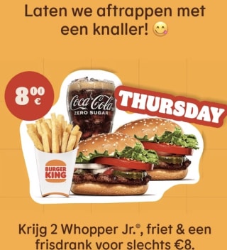 2 Whopper jr + Large Fries + Drinken voor €8 bij Burger King
