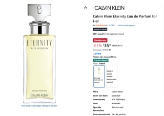 Calvin Klein Eternity for Women Eau de Parfum voor Vrouwe voor €35,48 bij Amazon