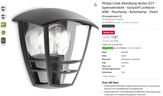 Philips Creek Wandlamp Buiten E27 voor €13,06 bij Amazon