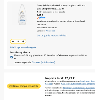 5 botes Dove Gel de Ducha Hidratante 720 ml por 12.77€ en Amazon