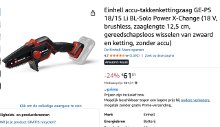 Einhell GE-PS 18/15 Li BL-Solo Power X-Change Accu-kettingzaag voor €61,51 bij Amazon