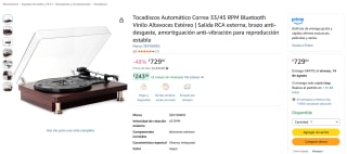 Tocadiscos automático con Bluetooth (33/45 RPM) por $729 en Amazon
