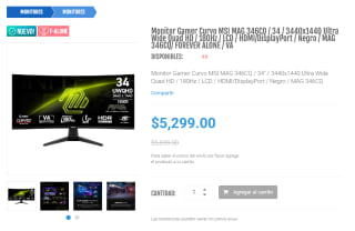 Monitor Ultrawide MSI MAG 346CQ 34" WQHD por $5,299 | DD Tech