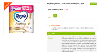 Papel Higienico Luxury Almond Regio 4pzas por $20 | LaComer