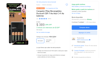 Cargador Pilas Duracell + 4 Pilas AA en $389 | Oferta Mercado Libre