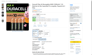 Pilas AA Duracell NiMH 2500mAh 4 Unidades por $269 | Amazon