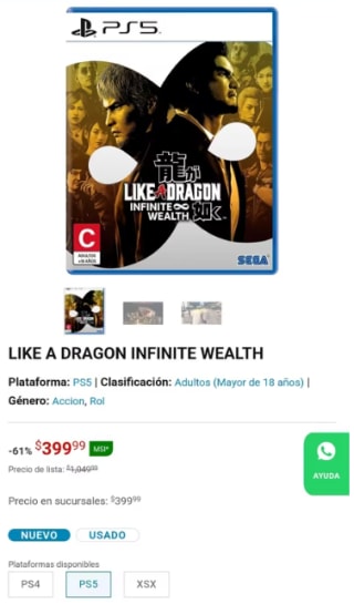 Like a Dragon Infinite Wealth PS5 por $400 | Game Planet