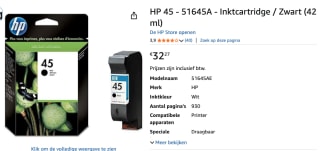 HP 45 (51645AE) Inktcartridge Zwart voor €32,27 bij Amazon