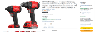CRAFTSMAN V20 kit taladro y destornillador de impacto por $1,497 en Amazon