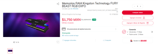 RAM Kingston Technology FURY BEAST 16GB DDR5 por $1,750 | Sears