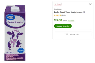 Leche Great Value deslactosada 1L por $19 en Bodega Aurrera