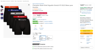 Champion Boxer Brief (Pack de 5, Talla CH) por $445 en Amazon