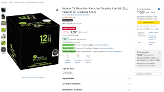 Wonderful Pistachios pistaches tostados con sal 32g (12 bolsas) por $120 en Amazon