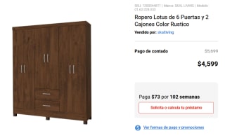 Ropero Lotus de 6 Puertas y 2 Cajones Color Rustico por $4,599