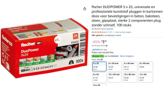 FISCHER Nylon plug Duopower 5x25, 100 stuks voor €3,90 bij Amazon