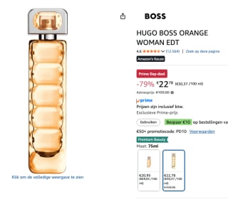 Hugo Boss Orange 75 ml - Eau de Toilette - Damesparfum voor €22,78 bij Amazon