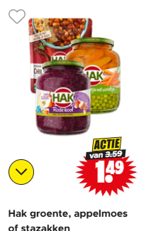 Alle Hak groente, appelmoes of stazakken voor €1,49 bij Dirk