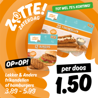 12 hamburgers en/of 20 Lekker en anders frikandellen voor €1,50 bij poiesz