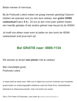 Gratis HEMA cadeuakaart van 5 euro via postcodeloterij