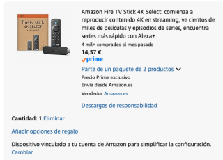 Amazon Fire TV Stick 4K Select (última generación) por 14.57€ (devolviendo producto)