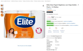 Elite Dúo Papel Higiénico 1 pack (12 rollos) por $47 en Amazon
