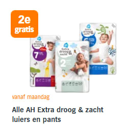 Alle AH Extra droog & zacht (Mega Pack) luiers en pants 1+1 gratis bij de AH