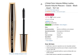 L’Oréal Paris - Volume Million Lashes Zwarte Volume Mascara voor €6,66 bij Amazon