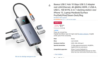 Baseus USB C Hub 10 Gbps USB 3.2 Adapter met LAN Ethernet voor €31,99 bij Amazon