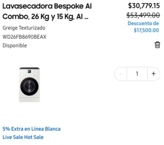 Lavasecadora Bespoke AI Combo 26/15kg por $21,779 | Banorte